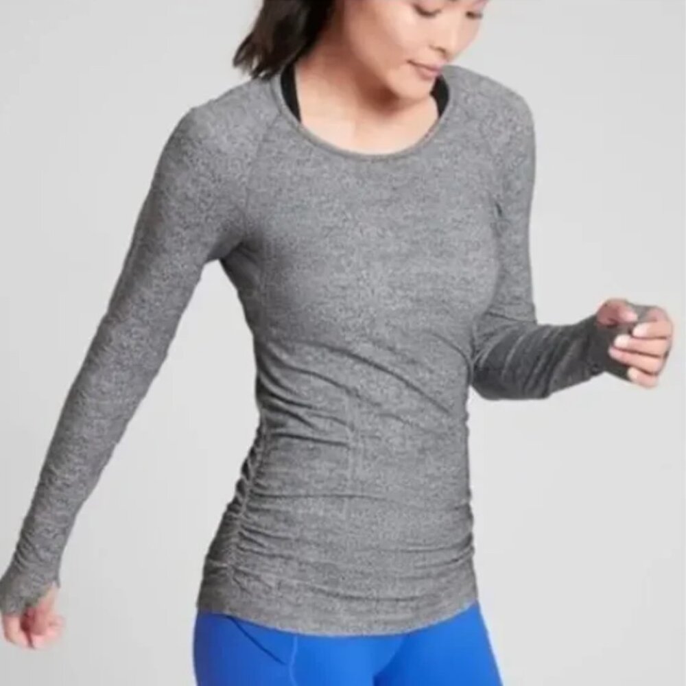 Athleta SpeedLight Long Sleeve Top Heather Grey Rouched Sides Size Small 4/6